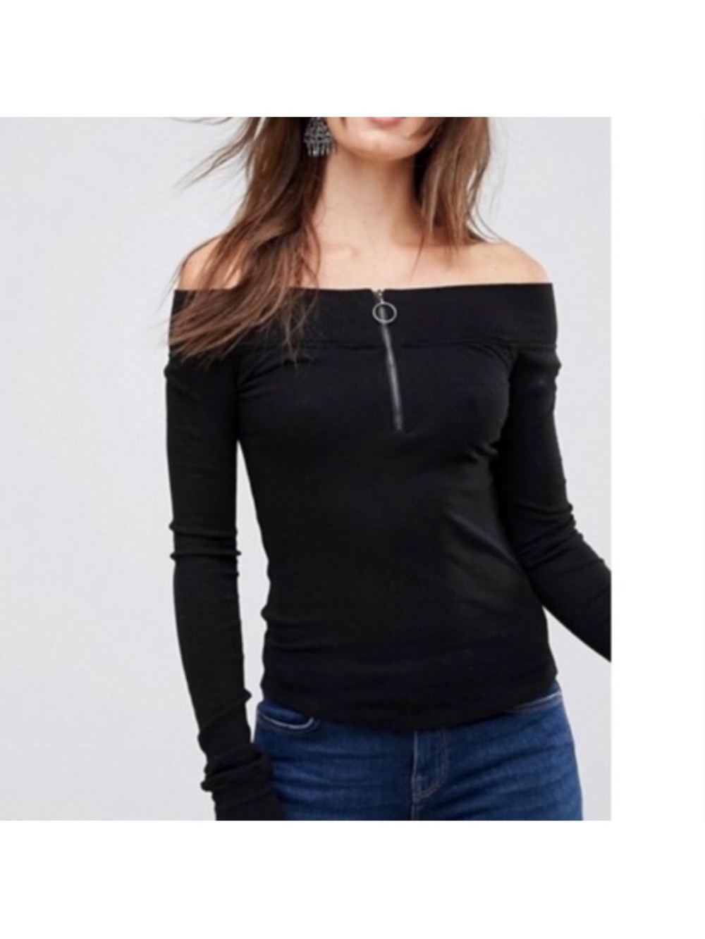 NWT Free People Zip To It Black Off The Shoulder Long Sleeve - Women’s Small